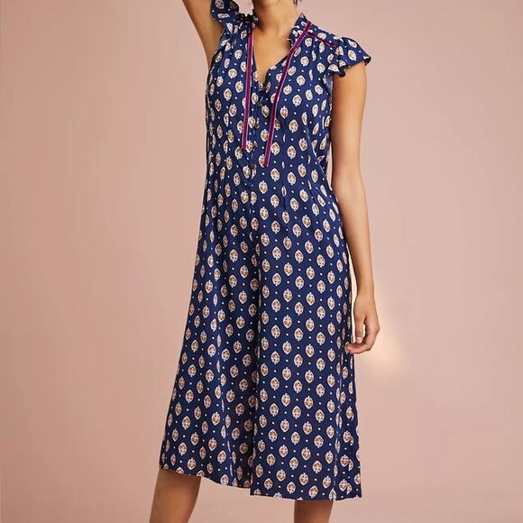Anthropologie Floreat Gabrielle Floral Print Sleep Jumpsuit Women’s Medium Navy - Picture 1 of 13